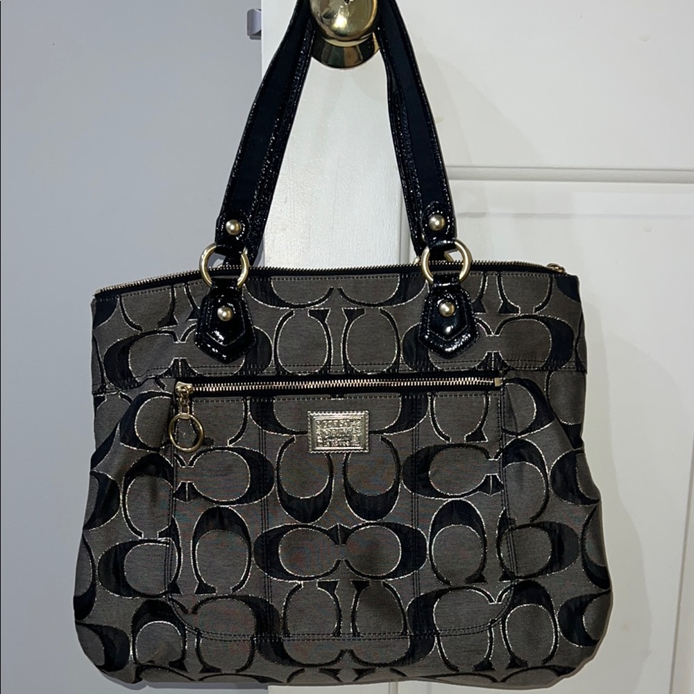 Coach Signature Poppy Canvas Tote with Black Patent Leather Trim - Picture 2 of 11